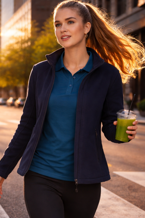 Navy blue ladies polar fleece jacket with zip worn over teal polo ideal for uniforms and workwear layering