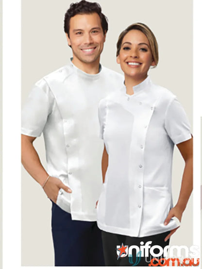 Two people wearing white pharmacy dental tunics in a dental clinic setting