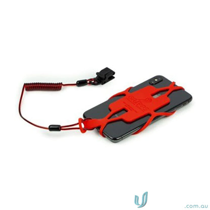Red silicone Phone Gripper with Coil Tether for uniforms and workwear safety