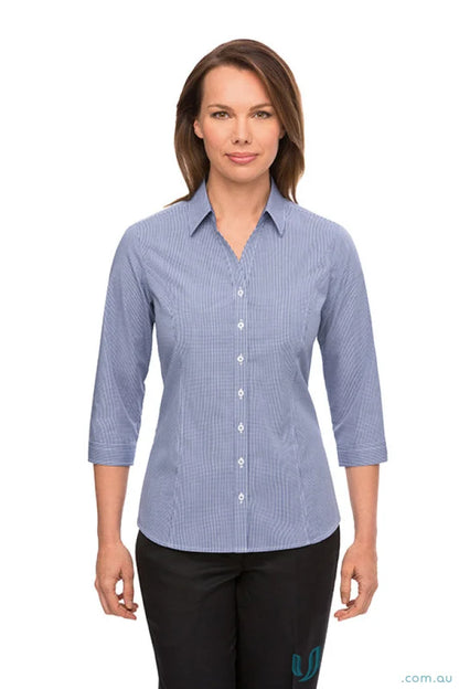 Woman modeling Pippa Check fitted princess line checkered workwear shirt with three-quarter sleeves