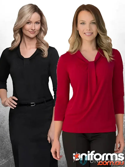 Two women showing off the luxurious Pippa Knit 3Qtr Sleeve Blouse in professional style
