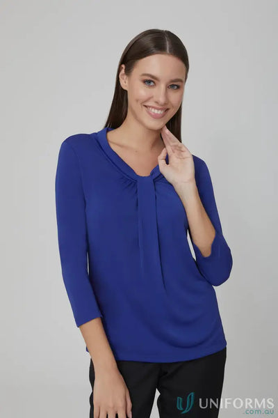 Royal blue Pippa Ladies 3qtr Top with tie-front, V-neck, and stylish three-quarter sleeves