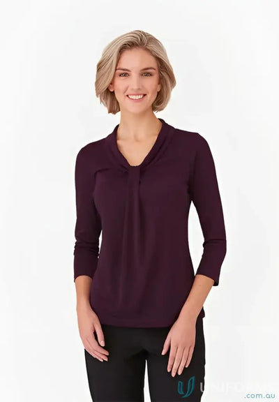 Woman in Pippa Ladies 3qtr Top with luxurious triple twist Pippa Knit sleeve blouse