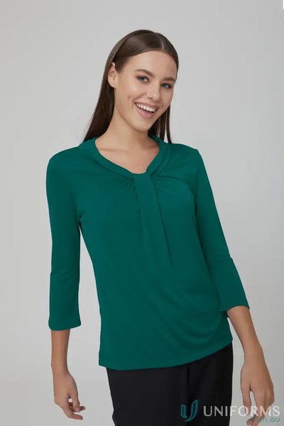 Pippa Ladies 3Qtr Top in dark teal with tie-front, luxe triple twist pippa knit sleeve blouse