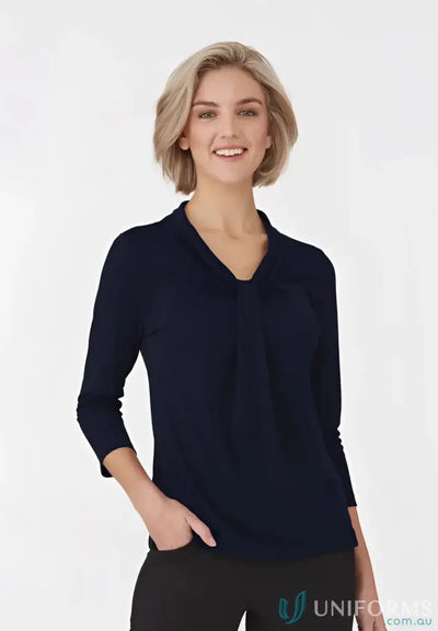 Pippa Ladies 3qtr Top in dark blue with luxurious triple twist pippa knit sleeve blouse