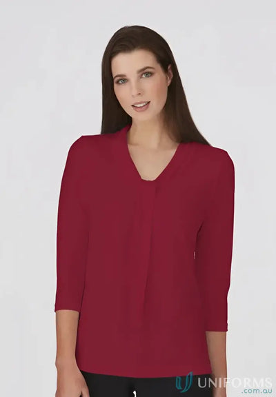 Pippa Ladies 3Qtr Top in deep red with luxurious triple twist pippa knit sleeve blouse