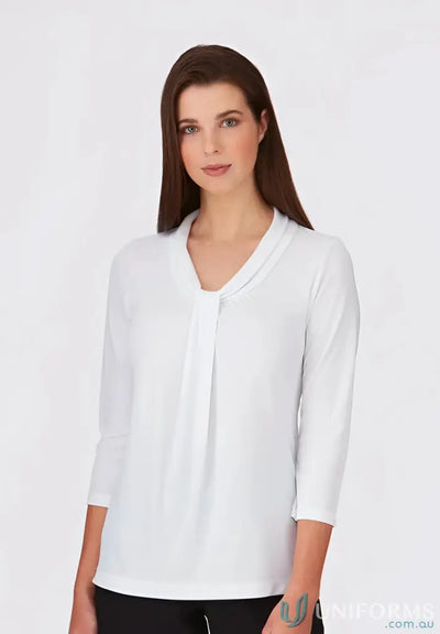 Pippa Ladies 3qtr Top featuring a white sleeve blouse with pleated front and V-neck