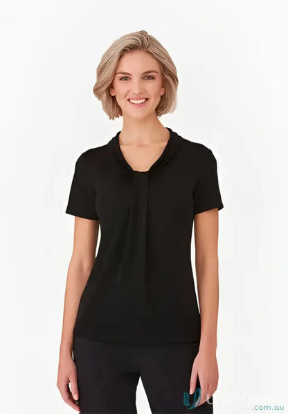 Black short-sleeved blouse with soft draped neckline and comfy fit - Pippa Ladies SS Top
