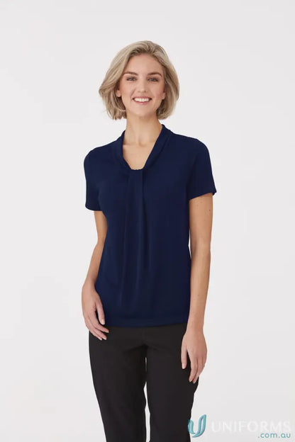Navy short-sleeved blouse with soft draped neckline for a comfortable fit - Pippa Ladies SS Top