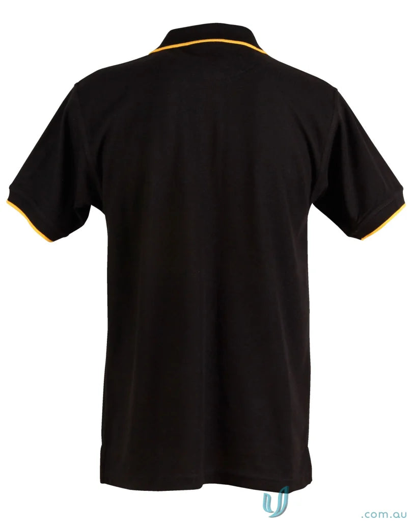 Black ps08 Liberty Polo with gold trim from Winning Spirit Pique workwear solution