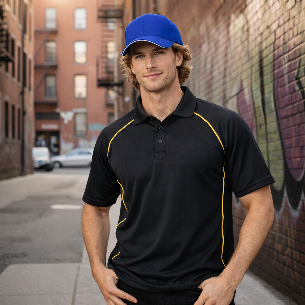 Black winning spirit pique polo shirt with yellow piping on mesh safety cap