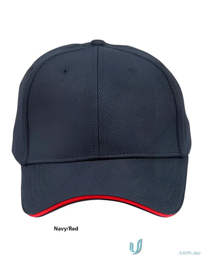 Navy and red mesh safety cap with winning spirit pique for a professional image