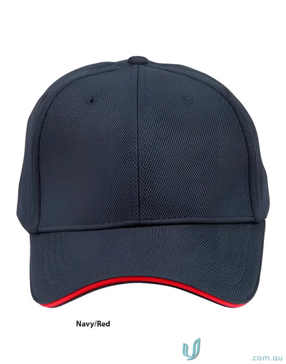 Navy and red mesh safety cap with winning spirit pique for a professional image