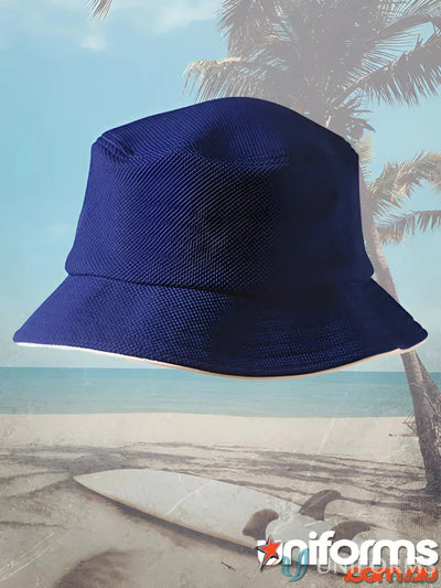 Navy blue mesh bucket hat with sun protection from Winning Spirit Pique collection