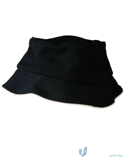 Black mesh bucket hat with sun protection and winning spirit pique style