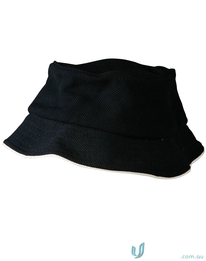 Black mesh bucket hat with sun protection and winning spirit pique style