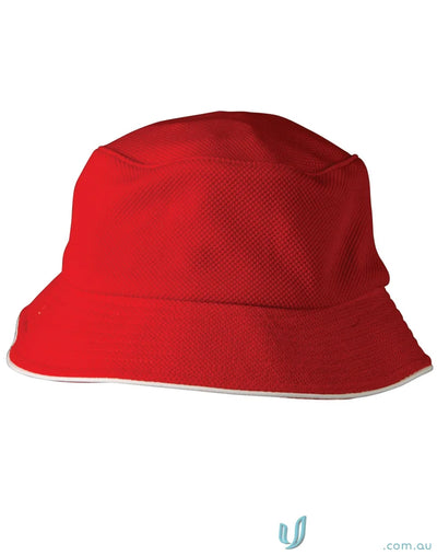 Red mesh bucket hat with white trim for sun protection in Winning Spirit Pique style