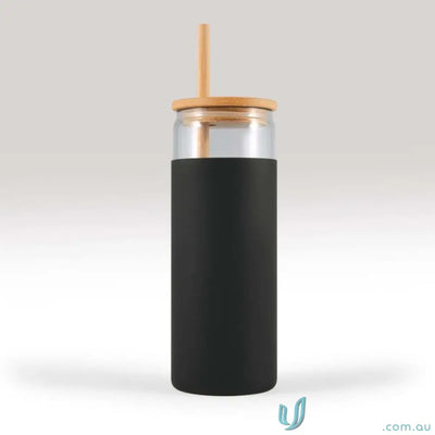 Stylish Pisa Glass Tumbler 480ml with black sleeve bamboo lid and straw