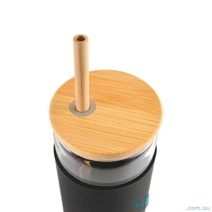 Black Pisa Glass Tumbler 480ml with bamboo lid and straw, perfect glass tumbler for hot drinks