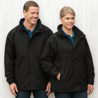 Black waterproof Plain Basecamp Anorak jacket with high collar, pockets, workwear contrast