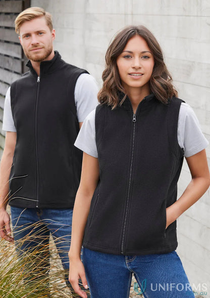 Black full-zip fleece vest on two people, perfect for biz collection men’s micro fleece vest f633mn