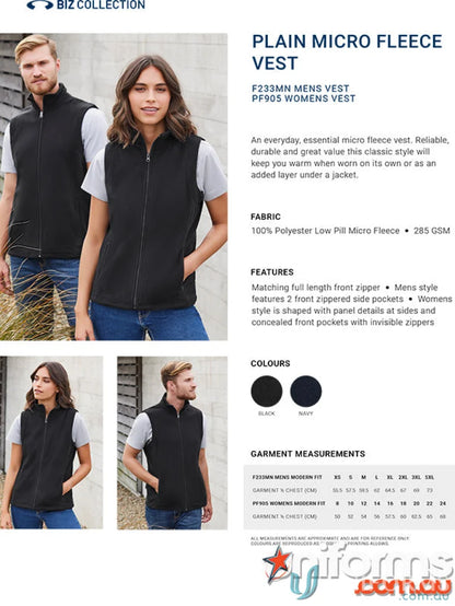 Black micro fleece vest for men and women from Biz Collection Fleece Vest F633MN