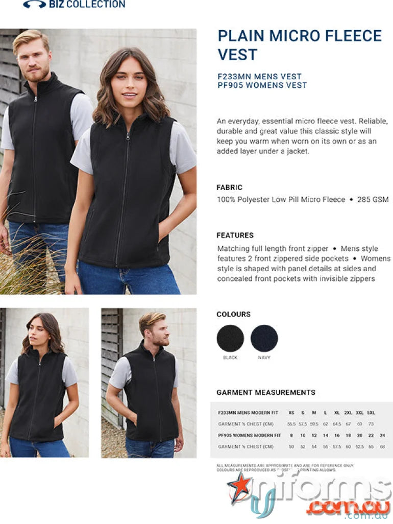 Black micro fleece vest for men and women from Biz Collection Fleece Vest F633MN