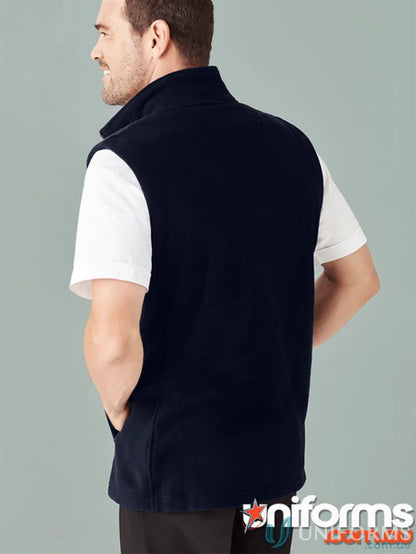 Man showing back in dark blue micro fleece vest from Biz Collection Men’s fleece vest f633mn