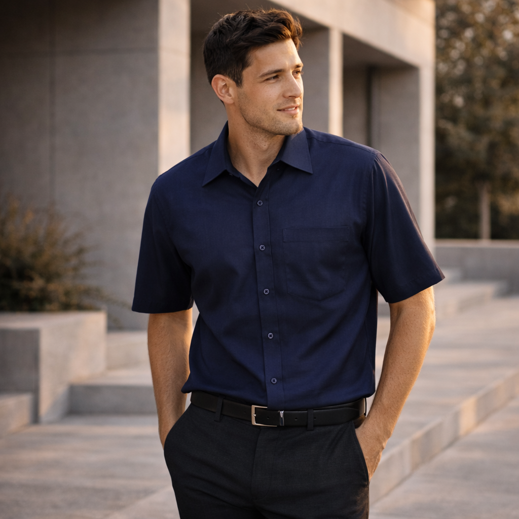 Mens oasis short sleeve plain navy blue button-down shirt back