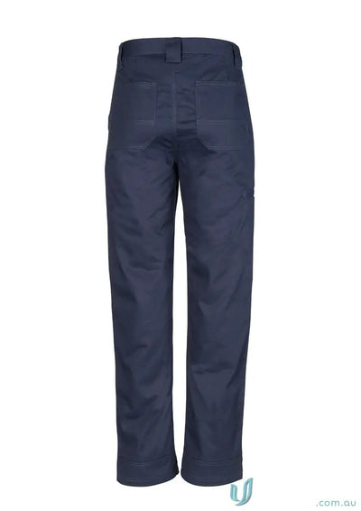 Back view of plain utility pant in dark navy blue with durable fabric and two back pockets
