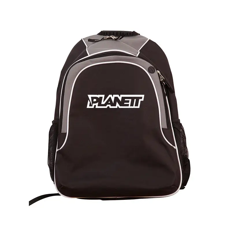 Planett black backpack in gray with white accents and laptop pocket inside