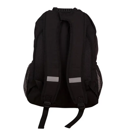 Planett Black Backpack with black mesh, reflective accents, adjustable straps, laptop pocket inside