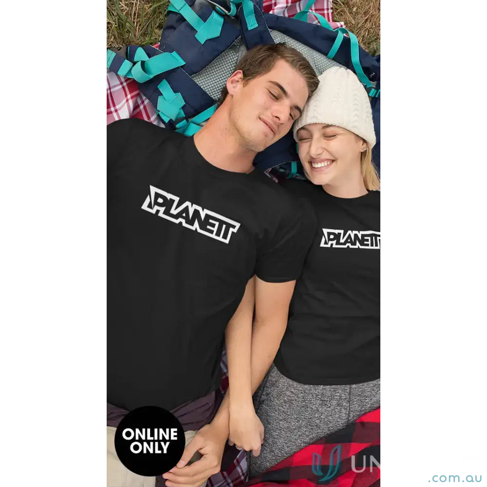 Matching black planett classic tee with white PLANETT text, comfy combed cotton shirt