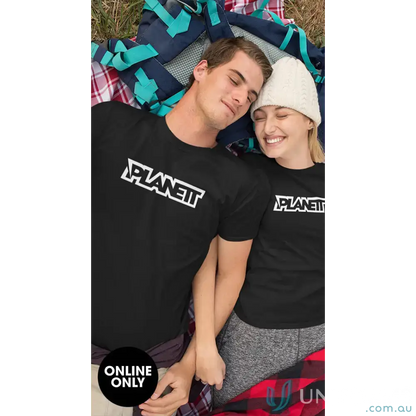 Matching black planett classic tee with white PLANETT text, comfy combed cotton shirt