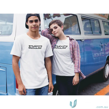 Two people wearing white planett classic tee made from comfy combed cotton classic fabric