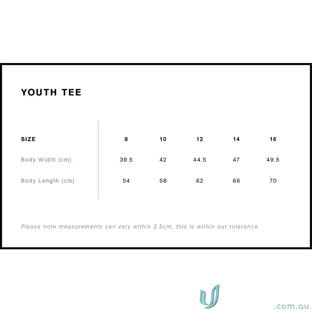 Youth tee size chart with body width and length for Planett Classic Tee in combed cotton