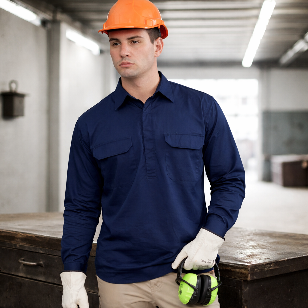 Man in PLANETT cool breeze closed front shirt with orange hard hat
