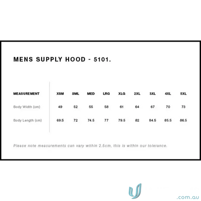 Sizing chart for Planett Hike Hoodie made from ethically sourced Australian cotton 320gsm pullover