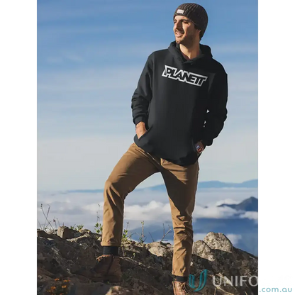 Man in Planett Hike Hoodie made from ethically sourced Australian cotton on mountain peak