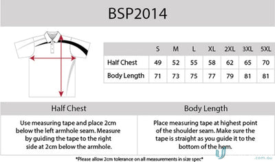 Apparel size chart for Planett Polo with cooldry moisture management technology