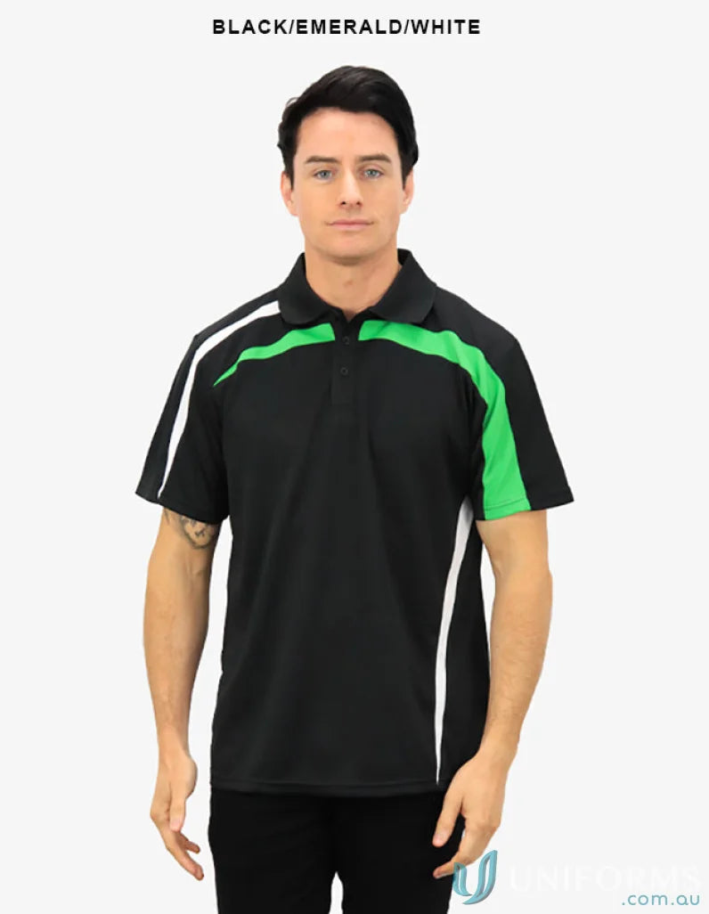Black, emerald, and white Planett Polo with cooldry moisture management technology
