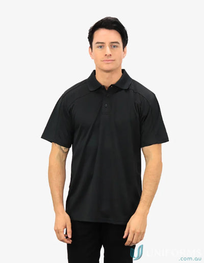 Black short-sleeved Polo shirt showcasing Planett Polo with cooldry moisture tech