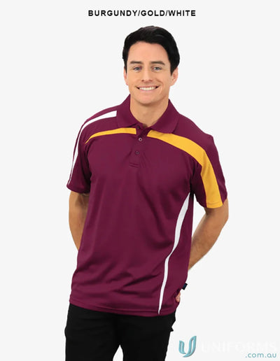 Planett Polo with Burgundy, Gold, and White colors featuring cooldry technology for moisture management