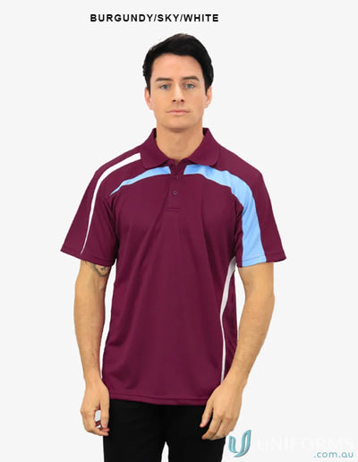 Planett Polo in Burgundy sky blue and white featuring cooldry moisture management tech