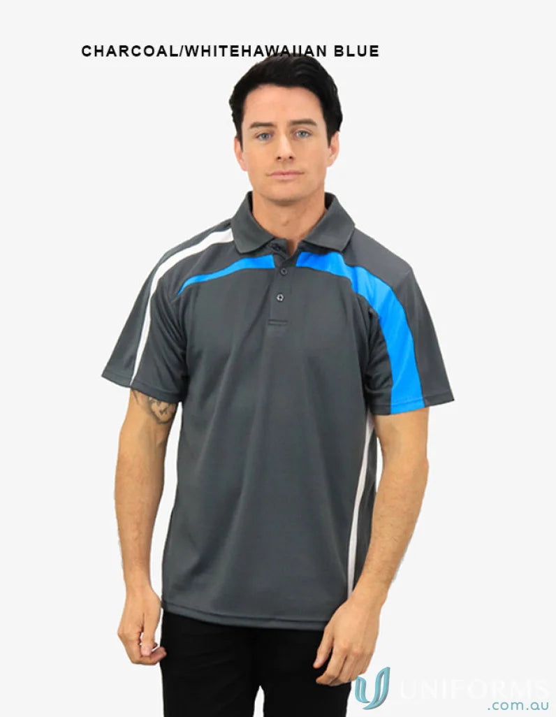 Planett Polo with charcoal, white, and Hawaiian blue for cooldry moisture and style