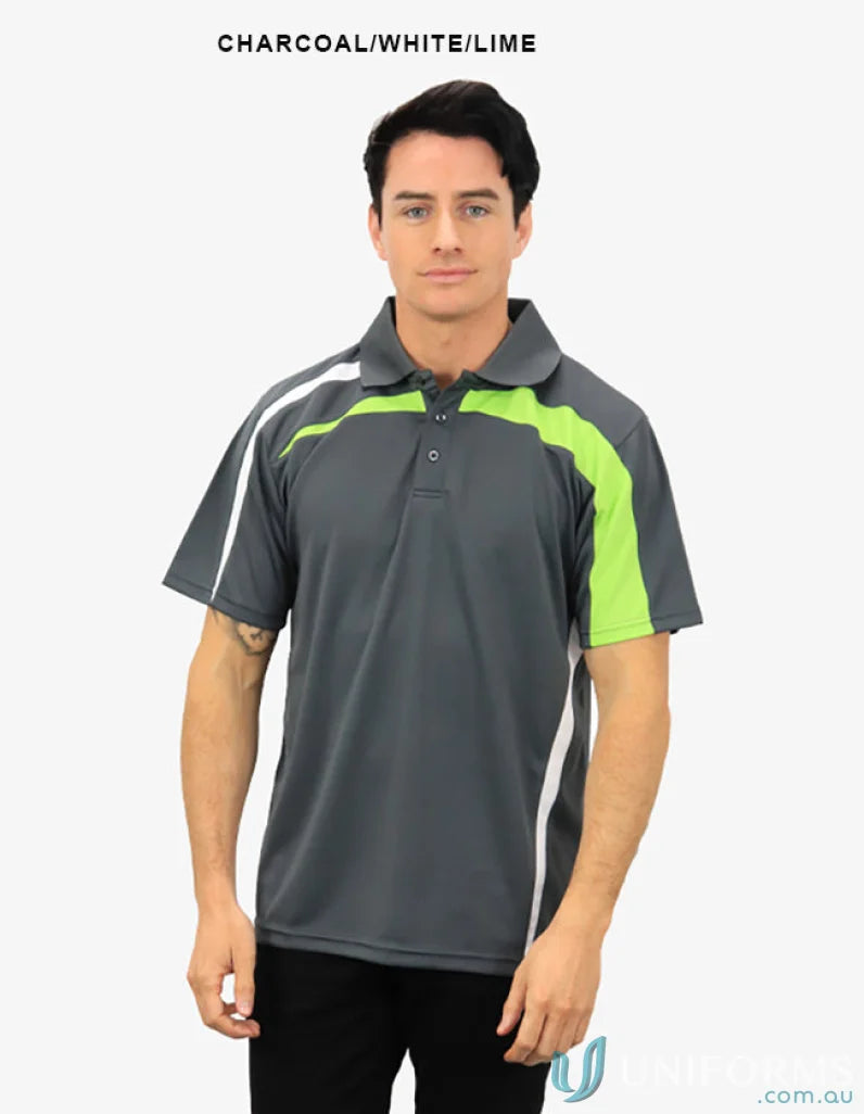 Planett Polo with charcoal white and lime colors showcasing cooldry technology for moisture management