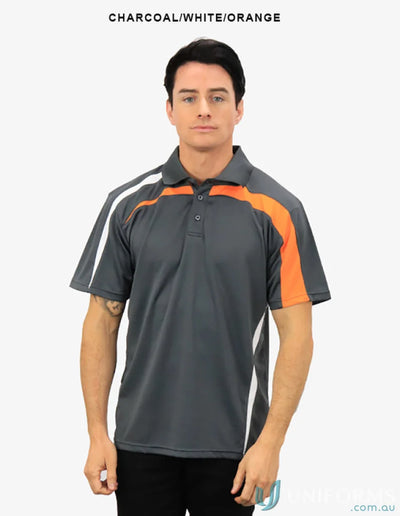 Planett Polo in charcoal white and orange with cooldry moisture management tech