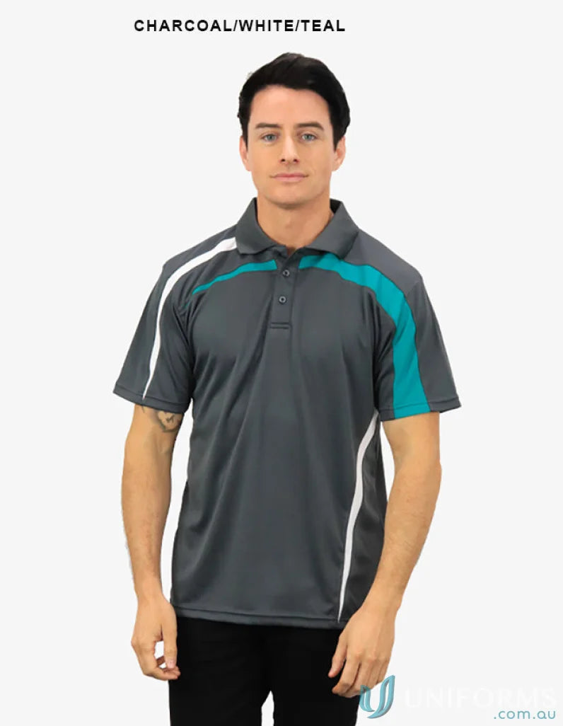 Planett Polo in charcoal, white, and teal with cooldry moisture management tech