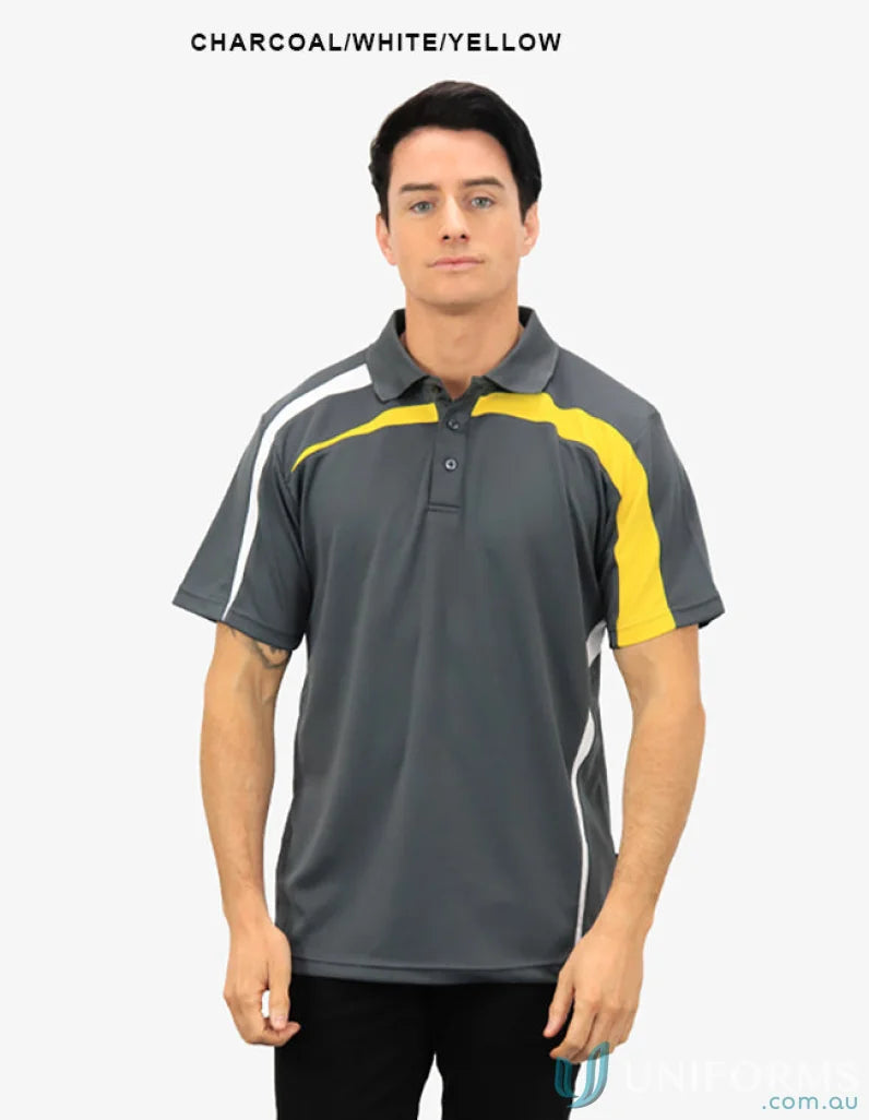 Planett Polo with Charcoal, White, and Yellow colors, featuring cooldry moisture tech