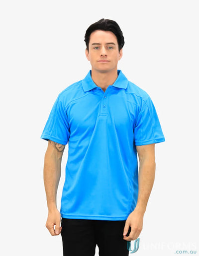 Man in bright blue Planett Polo shirt with cooldry moisture management technology